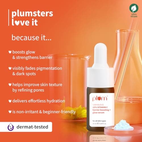 Plum 10% Vitamin C & Calendula Barrier Boosting + Glow Serum 10 ml | With 3% Niacinamide, 1% Hyaluronic acid & 1% Creamide complex| Clinically proven to reduce pigmentation & dark spots in 14 days| Bo 4