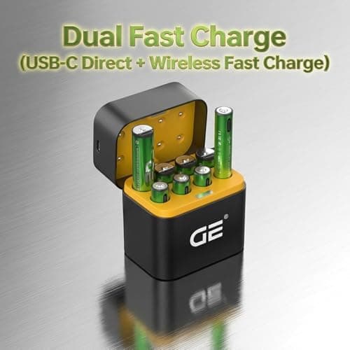 GE® AA Rechargeable Batteries (Lithium 1.5V - 2500 mWh) - New Launch in 2025 | Fast Charge (Direct USB‑A + Wireless) | Pack of 4 Batteries | 10 Years of Life and 1,500+ recharges, 3 Year Warranty 2