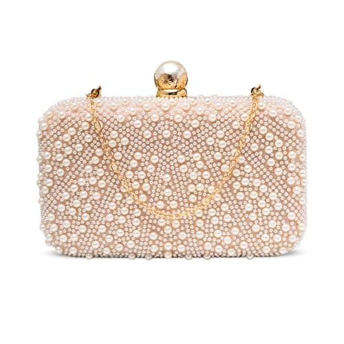 Artklim Ivory Pearl Beaded Bridal Clutch for Women - Elegant Wedding & Party Evening Purse with Detachable Chain Strap - Beaded & Embellished Handbag for Festive and Bridal Wear