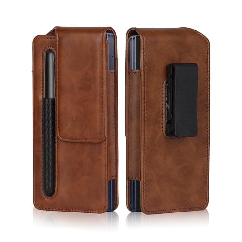 TDG Fold Phone Belt Pouch for Samsung Galaxy Z Fold 7 / Fold 6 / Fold 5 / Fold 4 | PU Leather Mobile Holster with Rotating Belt Clip, Pen Holder & Magnetic Closure | Waist Phone Case for Men (Brown)