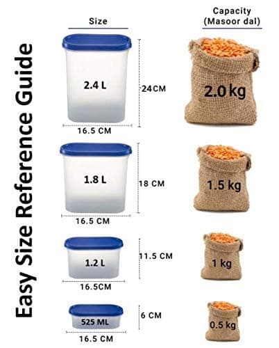 Cutting Edge Essentials Flip-Top Kitchen Storage Container & Dispenser Set for Rice, Dal, Atta, Flour, Cereals, Snacks, Stackable, BPA Free, Modular, Blue Lids - Set of 2,1.2L 3