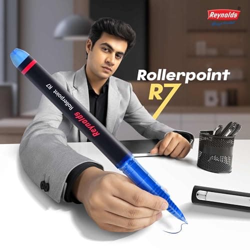 REYNOLDS ROLLER POINT Pen R7 Pack of 2 Blue (Pouch) | Stylish Metal Clip Premium Look Rollerball Point Pen for Men Women Students & Office Professionals | Refillable | Smooth & Effortless Writing 3