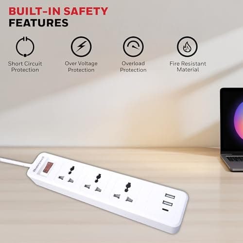 Honeywell 3 Outlet Extension Board with Master Switch, 6 Amps, 250V, 1xType C & 2xUSB, 3 International Sockets, Pure Copper, 6 Advanced Safety Features, 2 Mtr Power Cord, BIS Certified, 1 yr Warranty 5