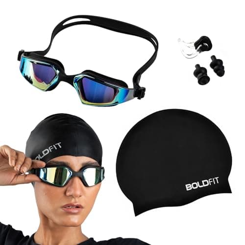 Boldfit Swimming Cap Goggles with Ear & Nose Plug Set for Men Swimming Cap & Goggles for Women Combo with Anti Fog Adjustable Strap for Training Set Black