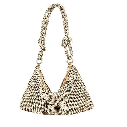 BLUE BEADS Gold Color Full Rhinestone Crystal Evening Clutch Bag - Sparkling Glitter Handbag with Shiny Shoulder Strap - Elegant Tote for Special Occasions For Women and Girls