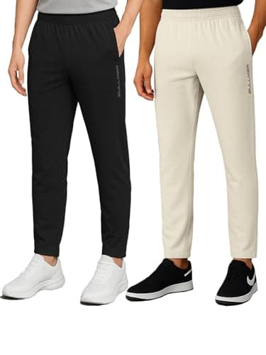 BULLMER Trendy Solid Cotton Blend Regular Fit Trackpant for Men | Mid-Rise Trackpant for Men - Pack of 2_Black/Beige_Medium