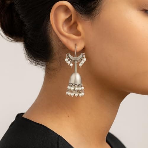 Taarini Silver Replica Chand Jhumka Earrings with Pearls, Premium Silver Look Earrings for Women & Girls, Sturdy Antique Finish Traditional Ethnic Jewellery 2