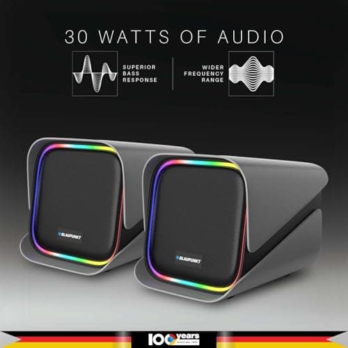 Blaupunkt T.W.I.N.Z Bookshelf Bluetooth Speaker 30W RMS with TWS Stereo, RGB Lights, 2000mAh Battery, PC Speaker for Gaming & Entertainment, Wide Compatibility with Laptop, Mobile & Tablet (Grey) 2