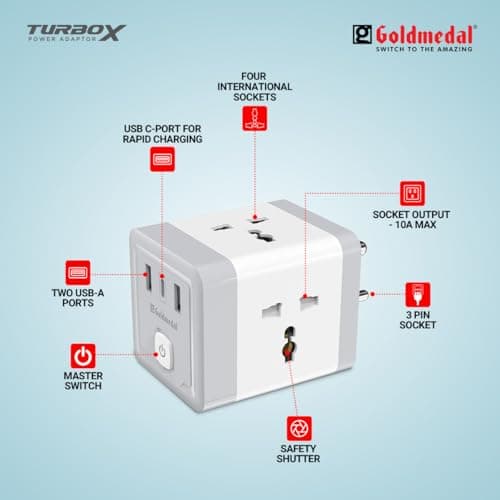 Goldmedal TurboX All-in-One Charging Power Adaptor with Master Switch - White, Pack of 1, Four International sockets with Two USB-A Ports, USB C-Port for Rapid Charging 4