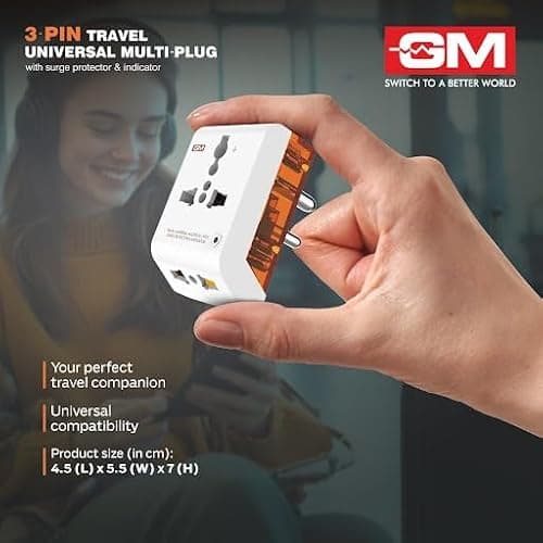 GM 3012 3-Pin Universal Multi Plug Fast Charging Travel Adapter | All-in-1 Worldwide Travel Adapter | Surge Protector | LED Indicator | Compact Design | Supports 150+ Countries | Safety Shutter 4