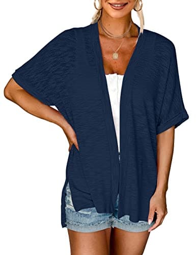 MEROKEETY Women's 2026 Summer Lightweight Kimono Cardigan Short Sleeve Open Front Casual Loose Trendy Beach Cover Ups, Navy, Medium