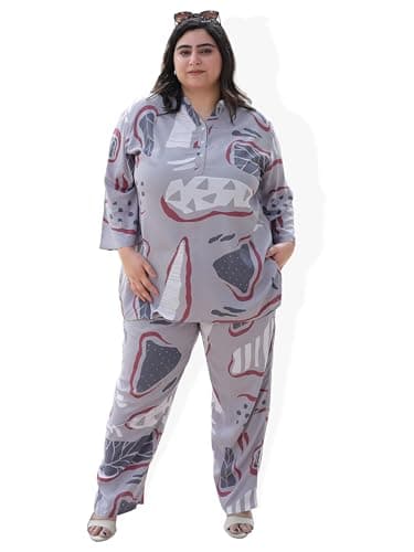 TITTLI Women's Plus Size Rayon Digital Printed Co-Ord Set | Tunic and Trouser |Mandrin Collar 3/4 Sleeve with Tunic |Two Pockets and Elascited Waistband with Trouser| 3XL to 8XL Smoke Grey
