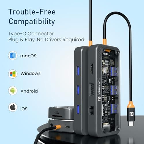 Portronics MPort View Three 10-in-1 USB-C Docking Station, 100 W PD Charging, 4K HDMI, VGA, RJ45 Ethernet, SD/TF Card Slots, USB 3.0/2.0 Ports, 3.5 mm Audio, for All Type C Devices, Windows/MacBook 5