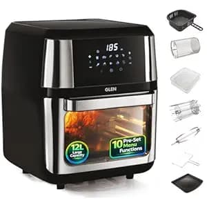 Glen 12L Air Fryer Oven 1800W with Rotisserie | Large Capacity OTG Air Fryer Combo | 10 Presets, Digital Touch Display | Bake, Grill, Roast & Toast | Low Oil Cooking | 2 Year Warranty