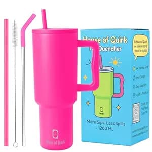 House of Quirk 1200ML Stainless Steel Tumbler with Handle & Lid, 2 Straws – Large Travel Mug Water Cup for Gym, Office & Outdoor Use (Raspberry)