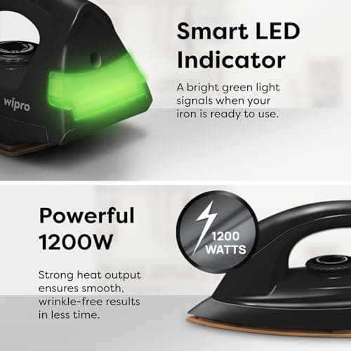 Wipro GD208 Automatic Electric Dry Iron 1200 Watt With Large LED Indicator | Large Soleplate|Anti Bacterial German Weilburger Double Coated Soleplate | Quick Heat Up - 1200 Watts, Black 4