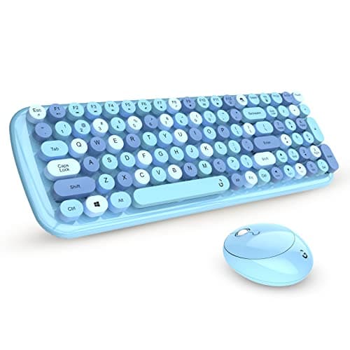 iGear KeyBee Retro Typewriter Inspired 2.4GHz Wireless Keyboard with Mouse Combo for Desktop/Laptop and Devices with USB Support, Single Nano Receiver, Round Keycaps, Cleaning Brush (White) (Blue)