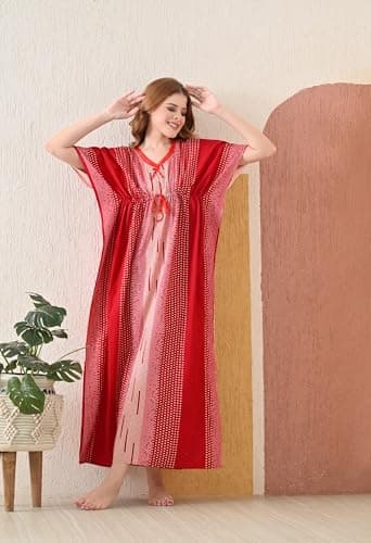 San Apparels Cotton Kaftan Nighty for Women – Soft 100% Cotton Night Dress with Floral Print, Free Size, V-Neck, Adjustable Drawstring – Summer Sleepwear, Maternity Loungewear, Feeding Gown Red 5