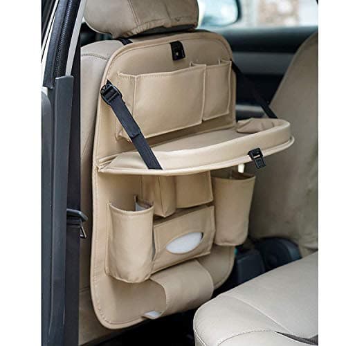 Tradesk Car Back Seat Organiser, Multi-Pocket Storage Bag with Cup Holders, Seat Protector for Kids and Pets, Backseat Accessory, Beige 3