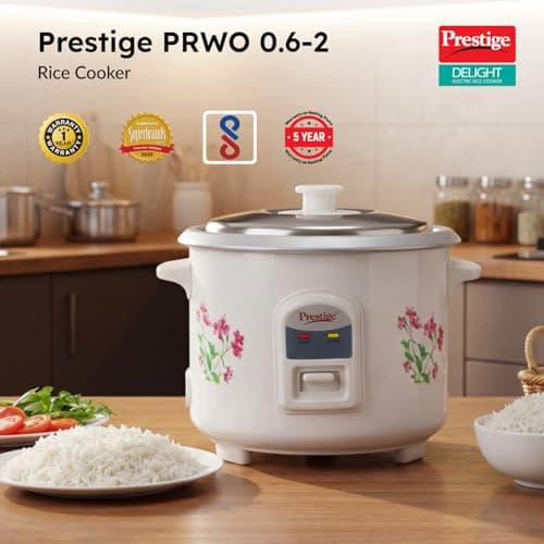 Prestige PRWO 0.6 L Electric Rice Cooker with 2 cooking pans|Detachable power cord|Durable body|Cool touch handles|White| Raw capacity-0.3L|Cooked capacity-0.6 L|Cooks for a family of 1 to 2 members 2