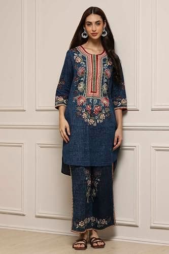 Biba Women Blue Cotton Straight Printed Kurta Pants Set_34 2
