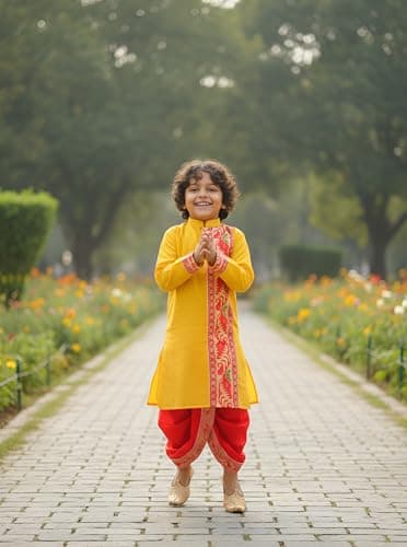 Boys Jamdani Kurta Punjabi and Dupion Silk Dhoti Set | Pure Cotton Kurta with Woven Design | 2–14 Years Kids| Festival, Party & Wedding Outfit | Colour Options | 2 Pocket (YELLOW, 6-7 YEAR) 5