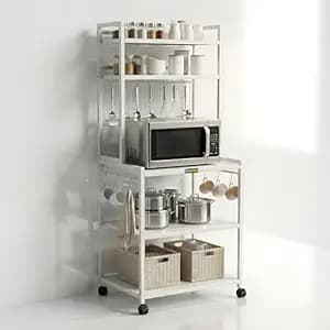 Heavy-Duty 5-Tier Microwave Oven Stand with Wheels | Metal Kitchen Appliance Rack with Hooks & Storage Shelves | Air Fryer, OTG, Oven Organizer Trolley (MS 5 White)