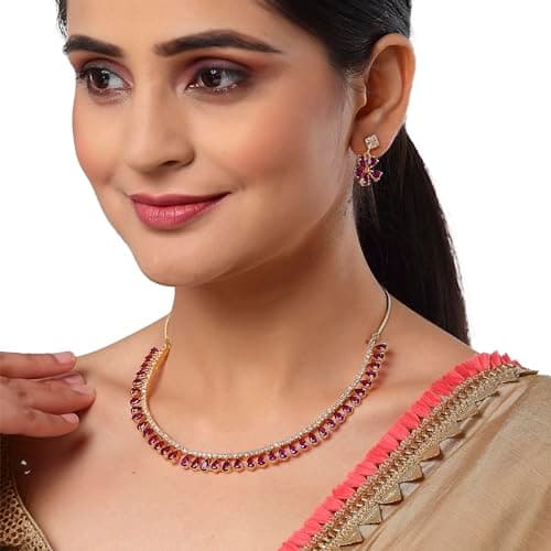 ZENEME Gold Plated American Diamond Necklace with Earrings Jewellery for Women & Girls (Purple) 4