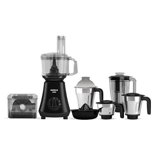 Havells Foodo 750 Watt Mixer Grinder with 5 Jars | Includes Food Processor Jar with Dual Pusher | 14-in-1 Functionality | Rust-Resistant 304 SS Blades | Storage Box | 5-Year Motor Warranty (Black)