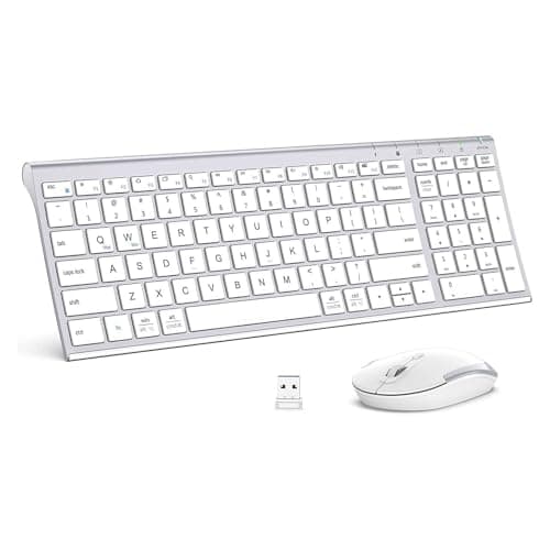 iClever Wireless Keyboard & Mouse Combo GK03-2.4G Portable Wireless Keyboard Mouse with Rechargeable Battery, Ergonomic Design, Full Size, Slim & Thin, Stable Connection, Adjustable DPI, Silver/White