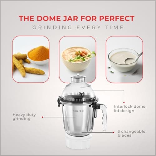 Sujata Dynamix 900 Watts Mixer Grinder | 22000 Rotations Per Min | 90 Minutes Continuous Running | 3 Versatile Jars 1500 ml, 1000 ml and 500 ml (White) 4