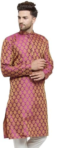 ALMORA Men's Jacquard Silk Kurta for Men Pink 3