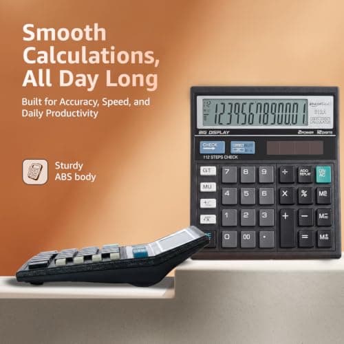 Amazon Basics Electronic Calculator (AB-512A) | 12 Digit Large Display | Dual Power (Solar + AAA Battery) | 30° Angled Screen | Big Button Design | 13 x 13 cm | Black | for Office, School & Home 2