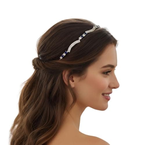 Bridal Crystal Evil Eye Hair Band for Women | Silver Rhinestone Headband with Blue Stones | Wedding Tiara Style Hair Accessory for Bride, Party, Reception & Festive (Navy Blue)