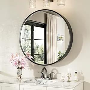 iSTAR Round Wall Mirror with Storage Shelf | Bathroom Vanity with Hidden Cabinet Organizer | Modern Wall Mounted for Bathroom, Bedroom - Black