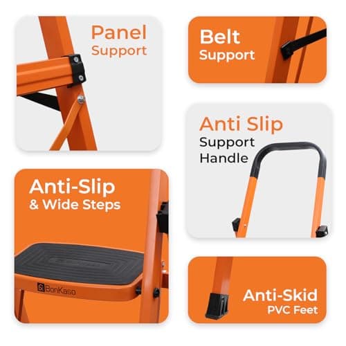 BonKaso Climb Steady Premium Alloy Steel Heavy Duty Multipurpose Foldable 7 Step Ladder with Connecting Frame & Belt Support, Load Capacity Upto 120kg | for Home and Outdoor - (Orange) 2