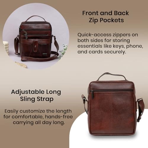 Rich Born Front Ribbon Flap Genuine Leather Men’s Sling Bag | Multi-Pocket Crossbody Messenger with Top Handle, Front Zip Pocket, Adjustable Strap | Compact Travel & Office Everyday Carry|Brown 6