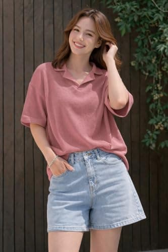 Zilcon Oversized Tshirts for Women V-Neck Summer Short Sleeve Casual Loose Top (Pink_M (m)) 5