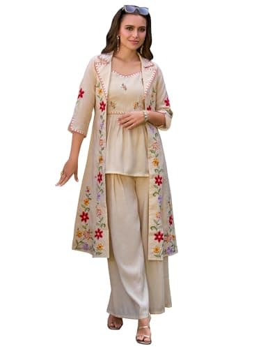 INDO ERA Women's A-Line Silk Blend Floral Embroidered Kurta with Shrug and Palazzo Set (Cream_IEOUT10577_Medium)