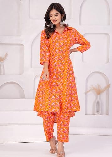 TANISHA Women Co-Ord Set Kurta with Pant Set Outdoor Outfits Wear, 701, (X-Large, Orange) 4