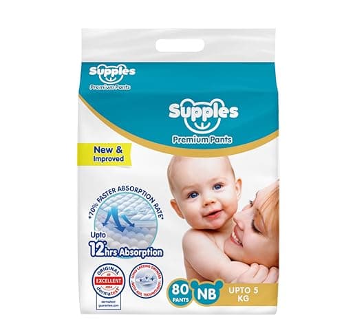 Amazon Brand - Supples Premium Diaper Pants | for Newborn Babies | 80 Diapers | NB/XS | Up to 5 Kg | 12 Hrs Absorption | Cushiony Cotton Soft Fabric | Phthalates-Free | Triple Leak Guard