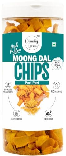 CRUNCHY KARMA Moong Dal Chips Peri Peri Flavor | High Protein Healthy Snacks | Baked Gluten Free Chips | High Fiber & Low Cholesterol Snack | Crispy Indian Spicy Chips for Kids & Adults | 150g