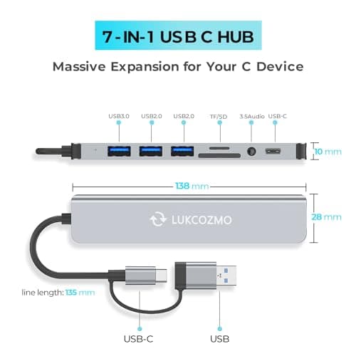 LUKCOZMO USB Hub USB C Hub USB Splitter 7 in 1 USB Extender with 4 USB Port 1 USBC Port TF/SD Card Reader Audio Output Compatible with MacBook/Pad Pro/Dell/HP Laptop/Phones… 4