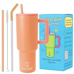 House of Quirk 1200ML Stainless Steel Tumbler with Handle & Lid, 2 Straws – Large Travel Mug Water Cup for Gym, Office & Outdoor Use (Pumpkin Orange)
