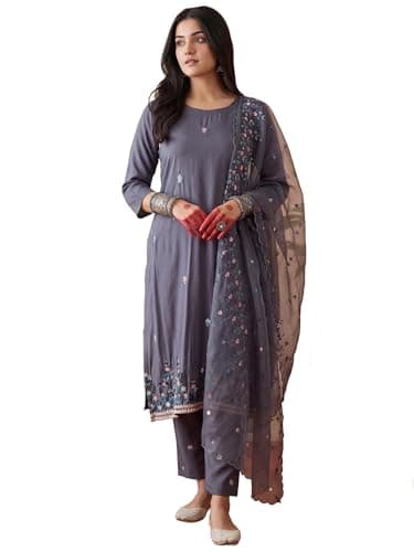 INDO ERA Women's Off White Pure Cotton Floral Printed Straight Fusion Kurta & Pant Set