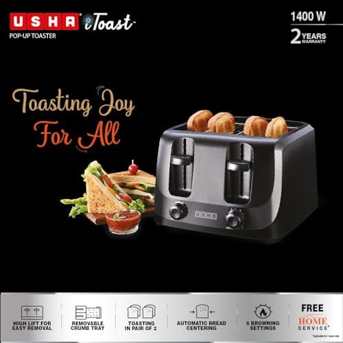 Usha iToast 4 Slice Pop Up Toaster | 1400W | 6 Browning Settings | Cool Touch, Shock Proof Plastic Body| Removable Crumb Tray | Automatic Bread Centering for Uniform Browning |2 Years Warranty(Black) 2