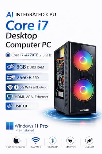 TECNICO AI Desktop PC | Core i7-4770TE 2.3GHz | 8GB DDR3 RAM | 256GB SSD | 5G WiFi + Bluetooth | Windows 11 Pro | High Cooling Dual RGB Fan Cabinet(No Monitor, Keyboard, Mouse & Speaker) 3