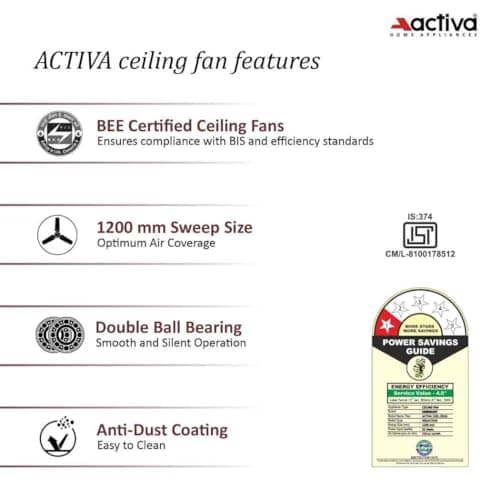ACTIVA Apsara 1200 mm Ceiling Fan, 390 RPM High-Speed Air Delivery, BEE-Approved One Star Rating50W Copper Winding Motor, 3-Blade Large Sweep, Anti-Dust,Pack of 2, 2-Year Warranty (Deco Brown) 4