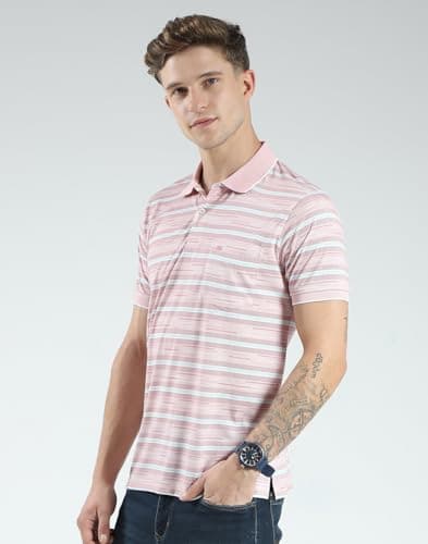 Monte Carlo Men's Regular Fit Striped Polo T-Shirt | Half Sleeve | Collared Neck | Casual Wear T Shirt for Men's Peach M (Pack of 1) 2