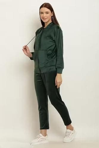 100LUCK Trendy Women’s & Girls Velvet Tracksuit Set | Soft & Stretchable Velvet Co-Ord Set for Women | Stylish Hooded Jacket & Jogger Pants | Winter Wear Casual for Travel, Gym & Daily. Bottle Green 4